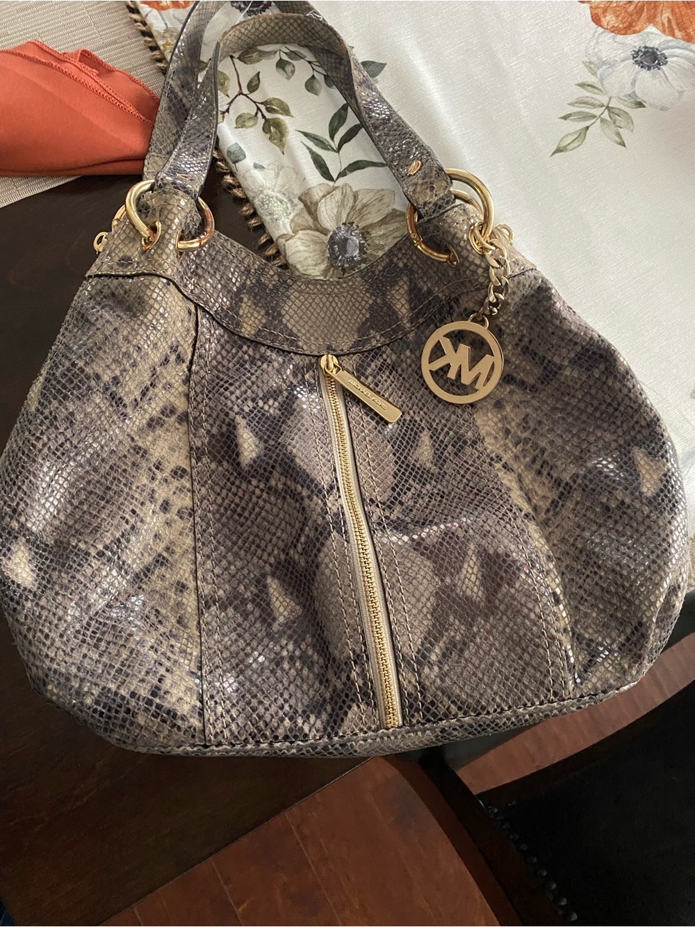 Michael Kors Gray Taupe Snakeskin-Print Shoulder Bag with Gold Hardware